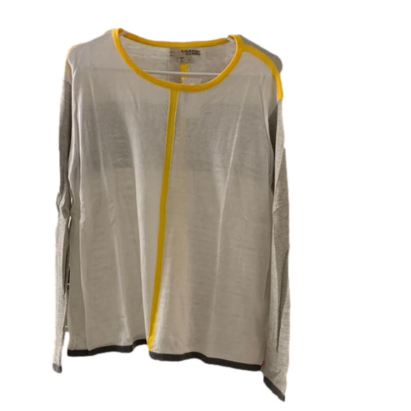 Label and thread 100% cotton, light weight (thin) shirt, yellow, grey and white - Picture 1 of 1